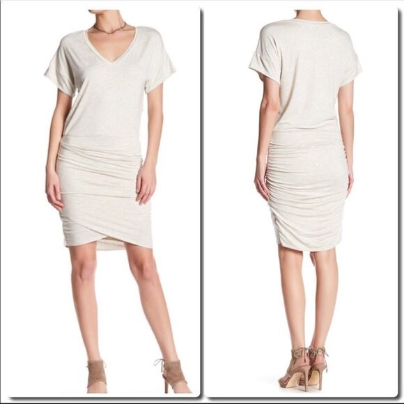 v Neck Ruched Dress in Black and Oatmeal - Picture 2 of 3